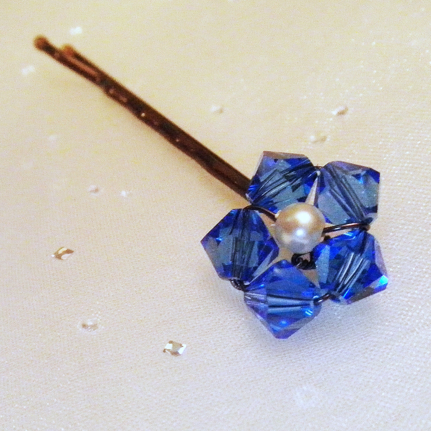 Blue Flower Hair Pin - Sapphire Swarovski Crystal / Pearl Bobby Pin - Child Abuse Awareness