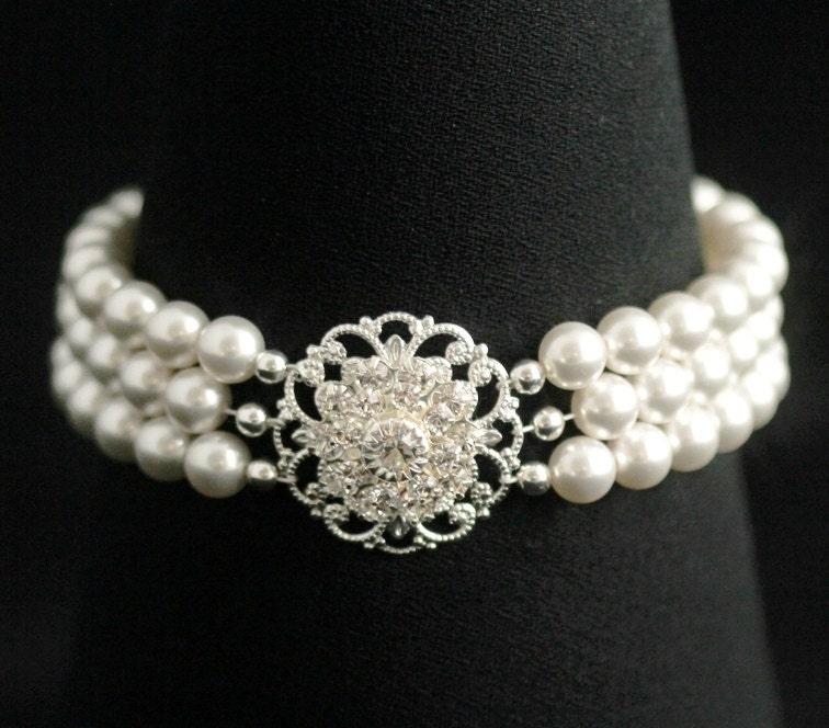 Pearl Wedding Jewelry -- Wedding Bracelet, Pearl Cuff, Vintage Bridal Jewelry, Three Strand, Swarovski Pearls, Rhinestones, Silver -- ANNE