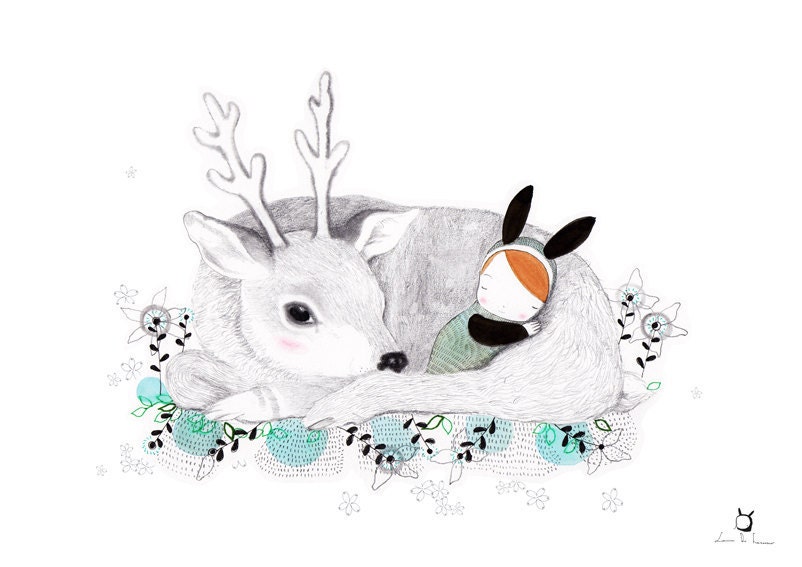Nursery Goodnight Art - Whimsical Deer and baby Bunny - Buonanotte