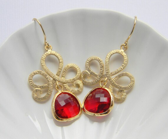 Bridesmaid Earrings - Gold Lotus Swirl with Ruby Red Earrings - Czech Glass - Gift - Bohemian - Boho