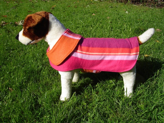 Dog Jacket -  Pink and Orange Striped Fleece Dog Coat- Size Small- 12-14 Inch Back Length