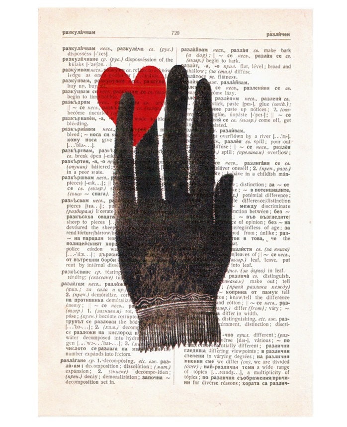 HAND with Heart - ORIGINAL ARTWORK  printed on Repurposed Vintage Dictionary page -Upcycled Book Print