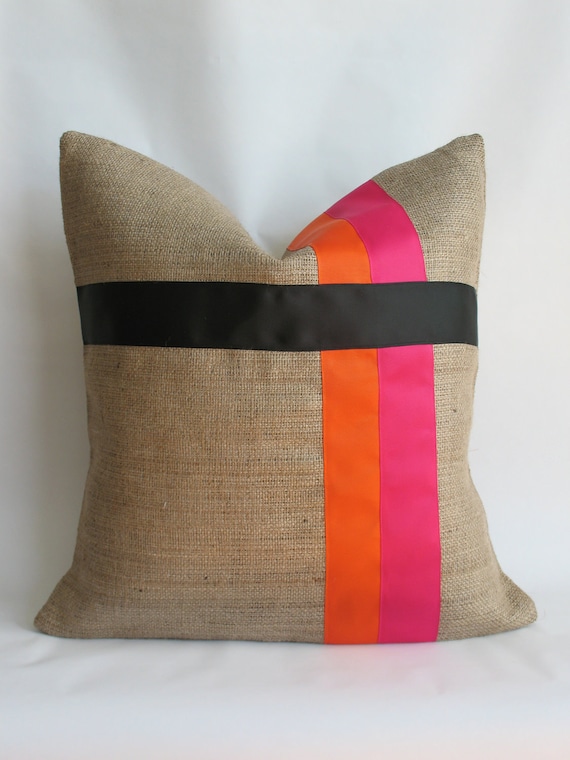 Pink and Orange with Black Grosgrain Ribbon and Burlap Pillow Cover