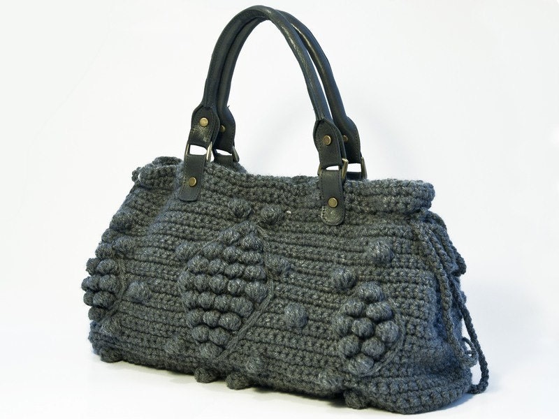 crocheted Handbag, Gray Bag-Grey handbag Celebrity Style With Genuine Leather Straps / Handles/crochet bag / gray bag