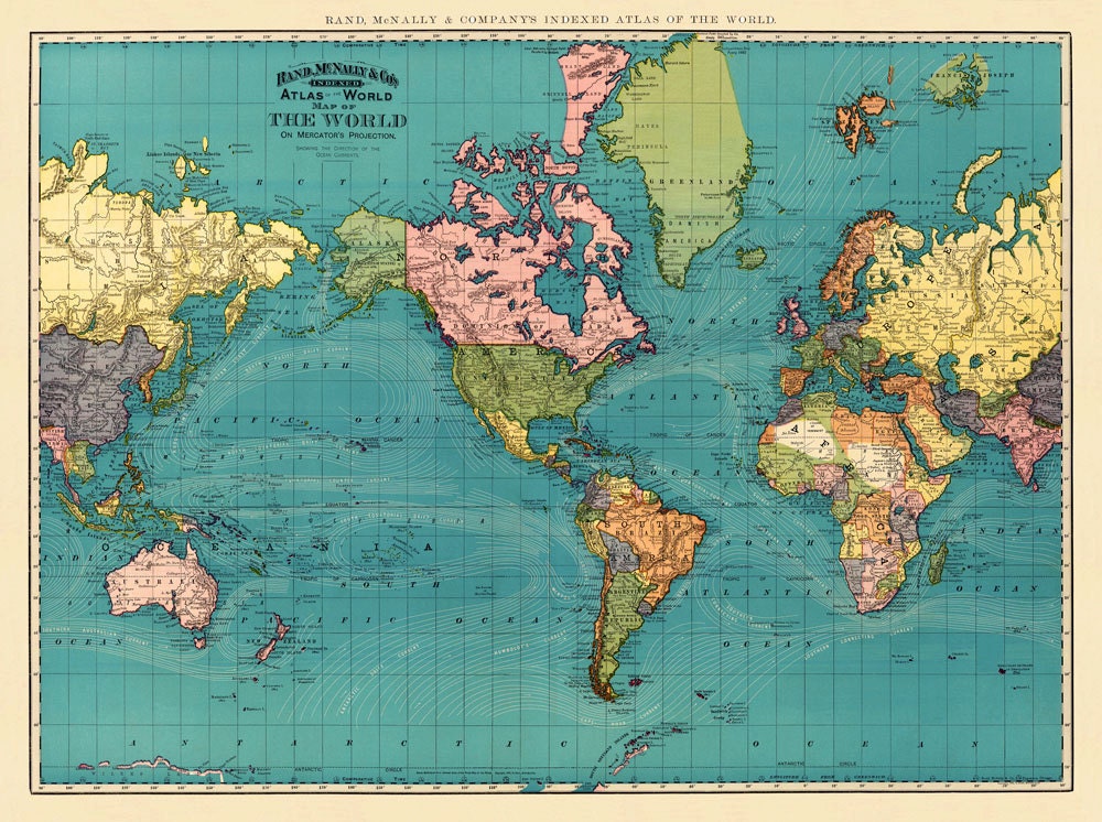Antique world map print - 25 x 33 " (large format)