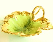 Vintage Light Yellow - Green Leaf Pottery Dish - Hand-Painted with Gold 1960's