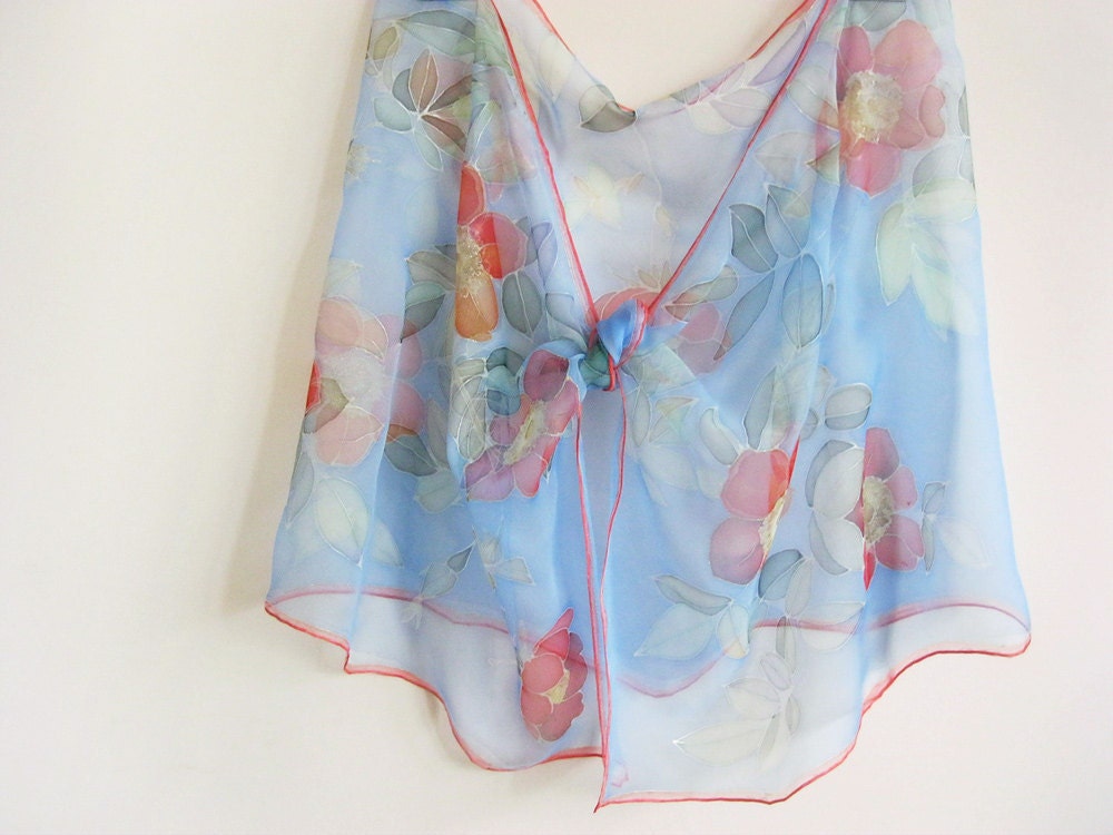 Silk chiffon scarf Hand painted Red roses Blue floral spring accessory - made TO ORDER