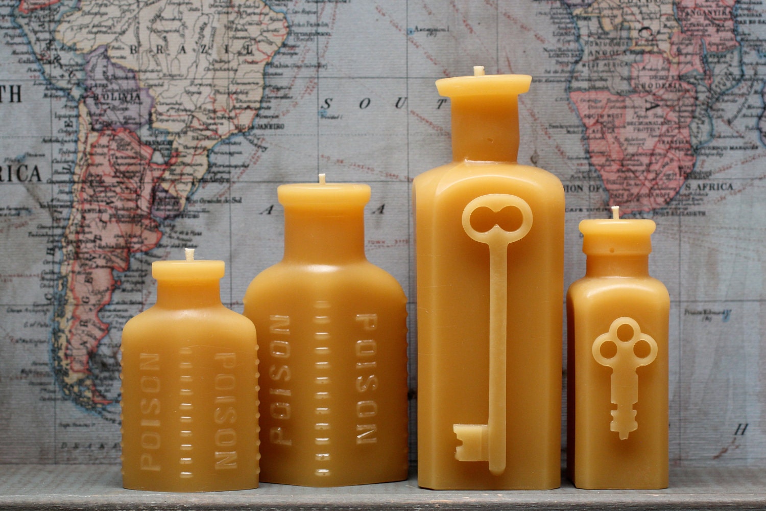 Beeswax Candle Collection - antique bottle shaped - "Two Keys - Two Poison" - by Pollen Arts -