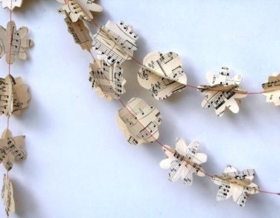 Extra Long Waltz With Me:Vintage Music Paper Garland Classical Music embossed flowers eco friendly wedding decoration