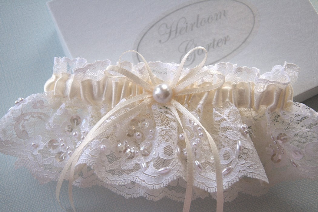Your Choice of White or Ivory Chantilly Beaded Lace Wedding Garter for Bride
