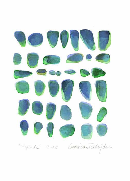original Abstract painting Watercolor Beach Finds Sea glass  teal blue green turquoise abstract art summer