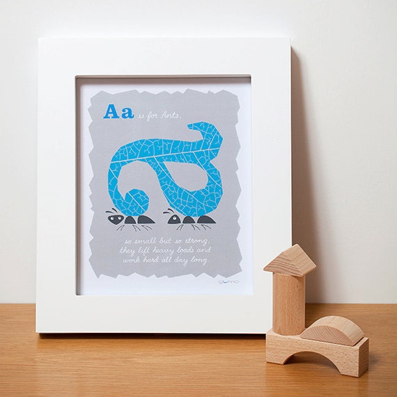 Nursery Decor - Alphabet Letters - Ants - ABC Print - in Blue