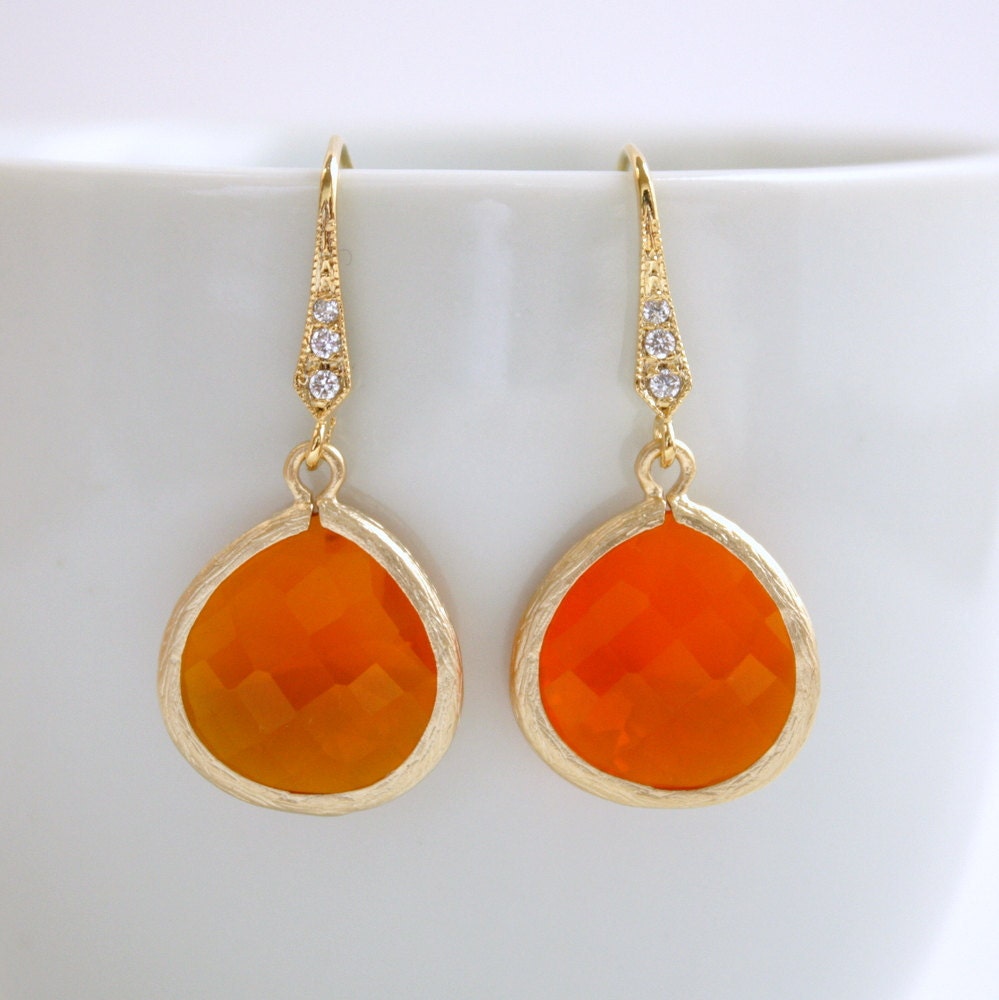 Gold Earrings Fire Opal Orange Earrings Cubic Zirconia