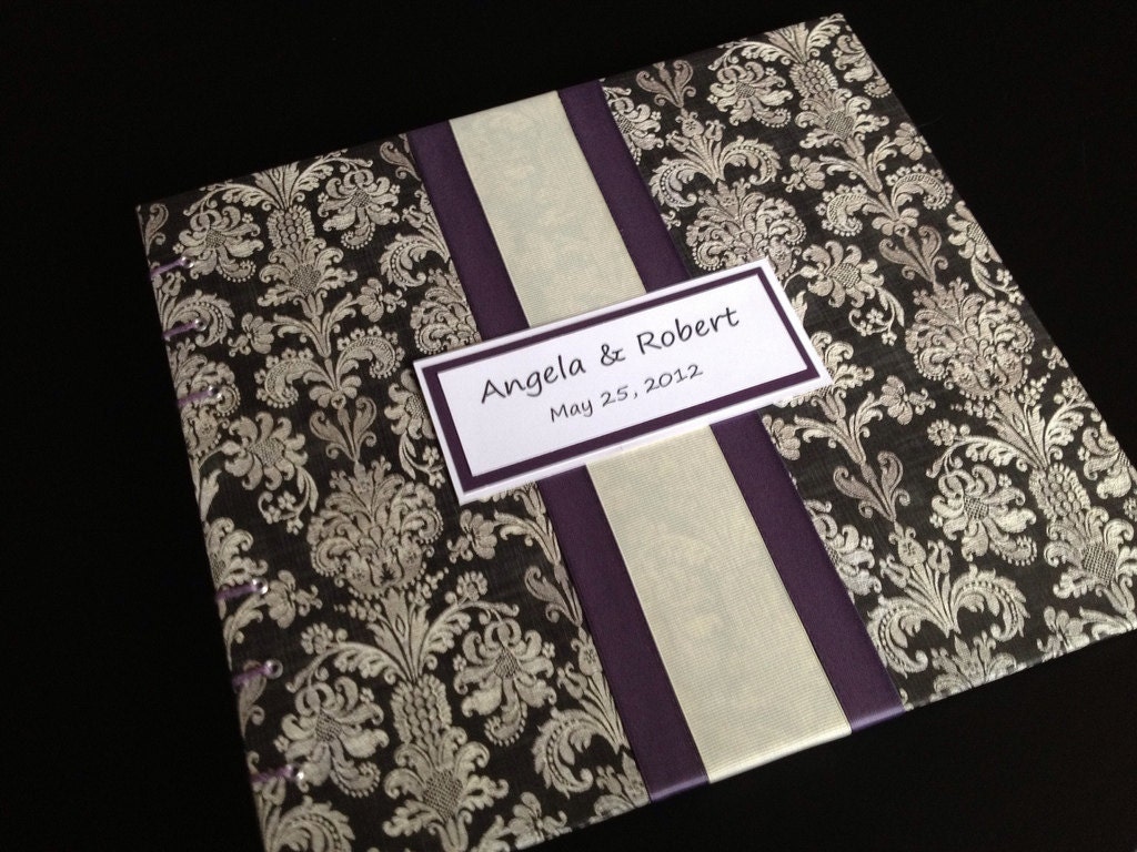 Black White Ivory Purple Damask Wedding Guest Book that doubles as a photo 