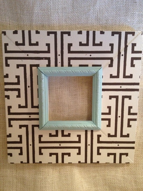 Moroccan distressed painted wood picture frame wedding gift in cream, chocolate brown, pale aqua trim