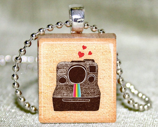 Scrabble Tile Jewelry - Scrabble Tile Necklace - Polaroid Camera Scrabble Tile Pendant with Necklace and Matching Gift Tin