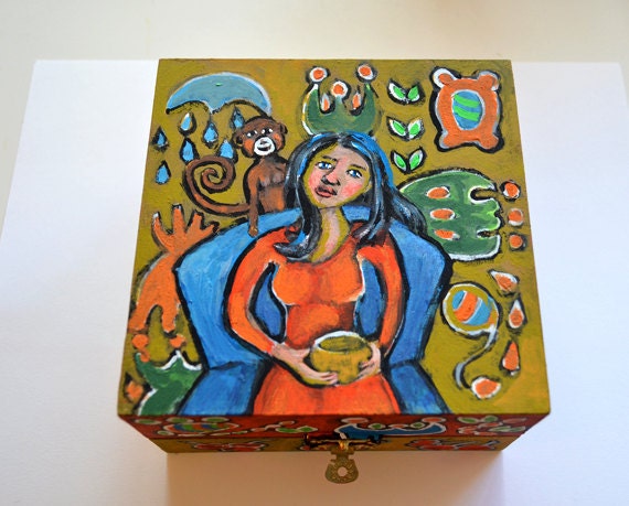 Original Hand Painted Trinket Box - Lady with Monkey and Vivid Designs - Whimsical